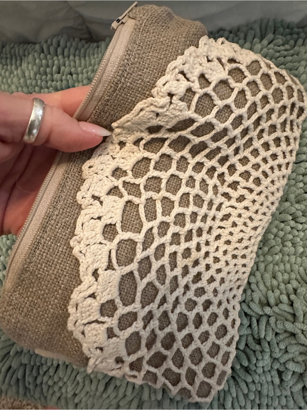 Vintage Handmade Crochet Lace Doily Accent Burlap Style Zipper Pouch